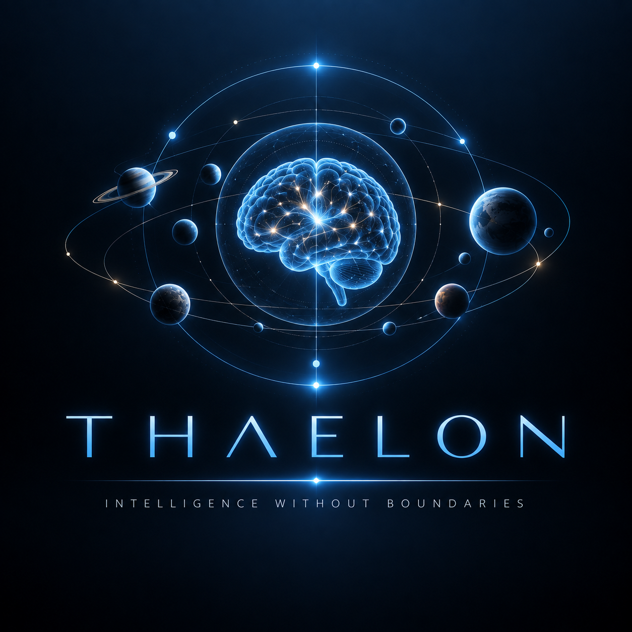 THAELON. Intelligence Without Boundaries. A luminous blue brain surrounded by orbiting planets.